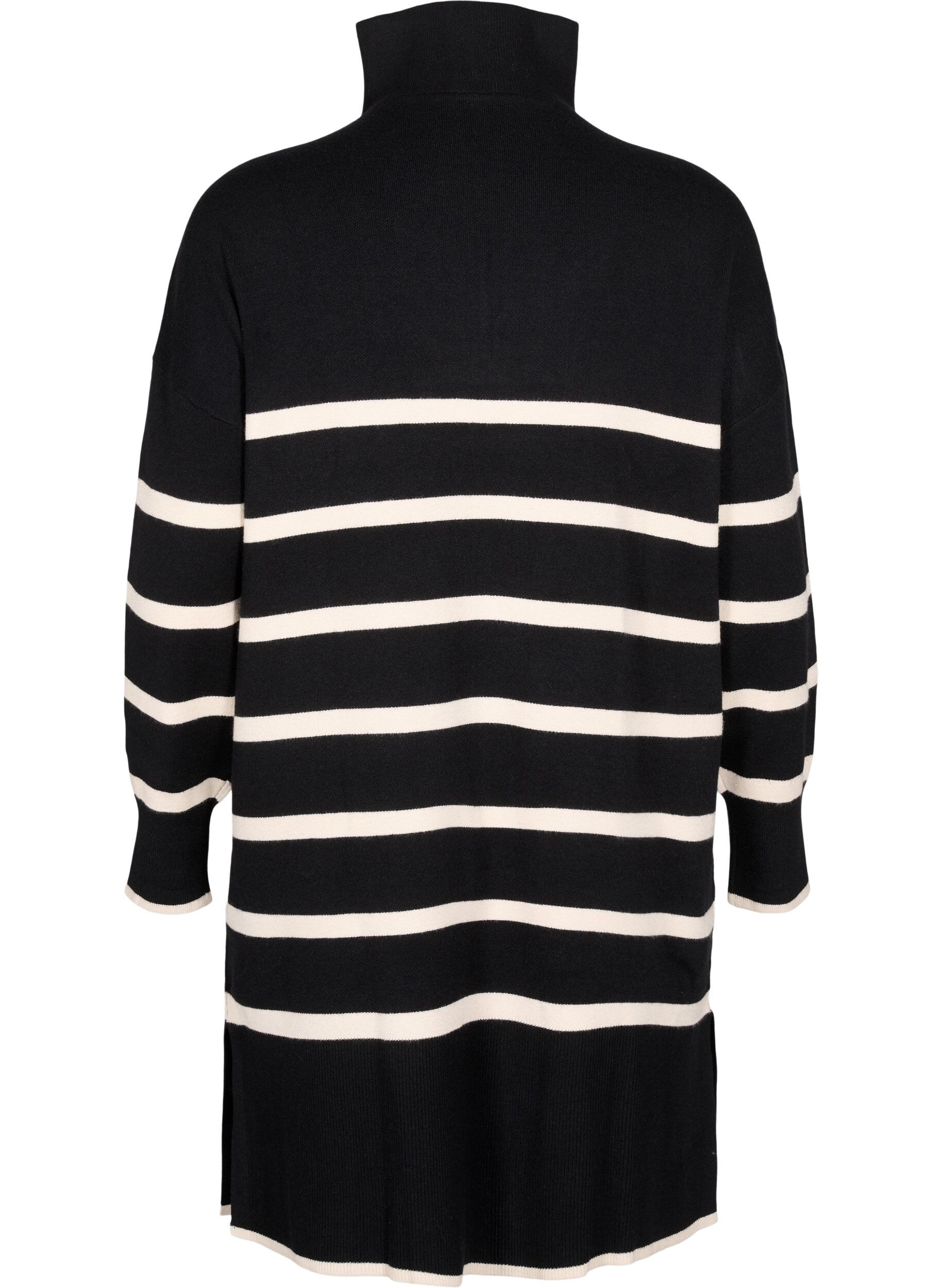Zizzifashion Striped knit dress with high collar and zipper, Black w. Birch, Packshot image number 1