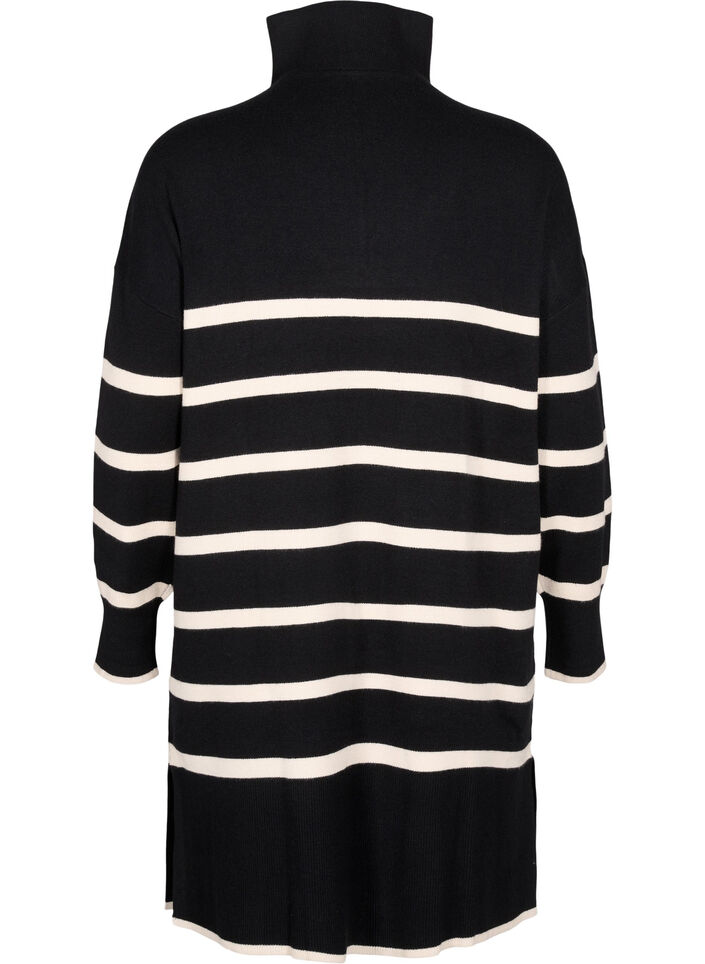 Striped knit dress with high collar and zipper, Black w. Birch, Packshot image number 1