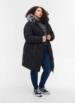 Winter jacket with removable hood and faux-fur collar, Black, Model image number 3