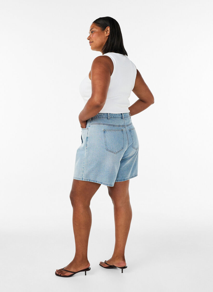 Denim skorts with a wrap-over effect and high waist, Light Blue, Model image number 2