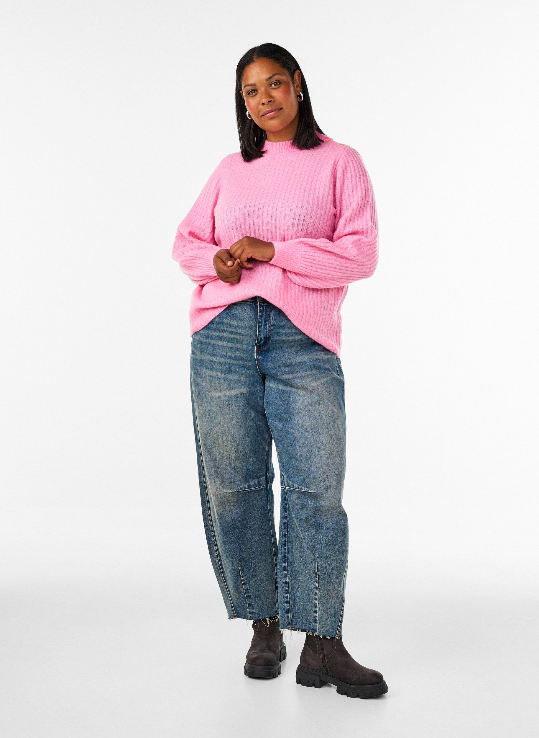 ZizzifashionRibbed jumper with puff sleeves and buttons, Pink, Model image number 1
