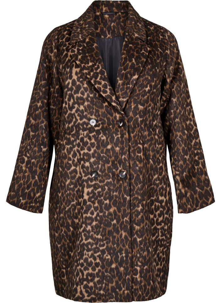 Leopard print coat with double-breasted button closure, Brown, Packshot