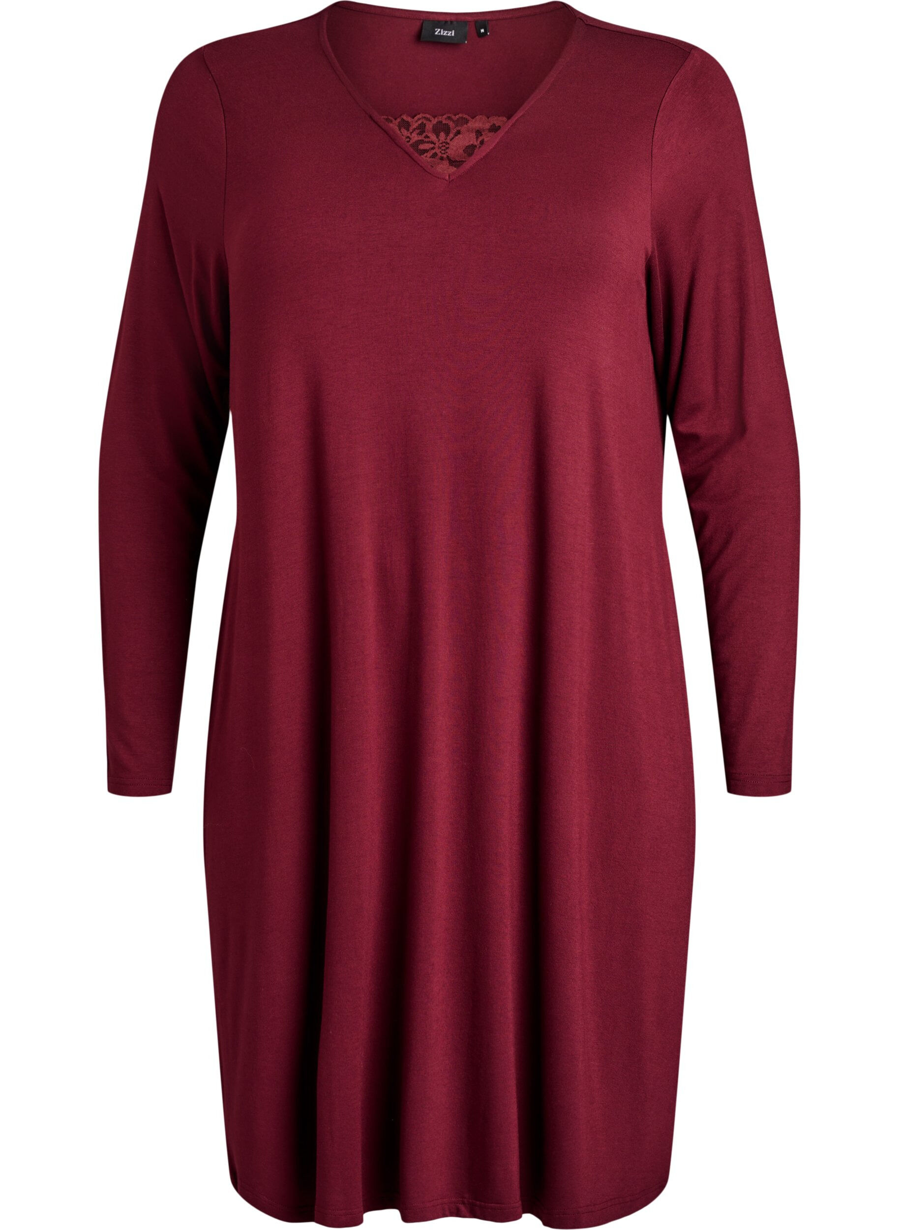 Long-sleeved nightgown with lace insert and v-neck