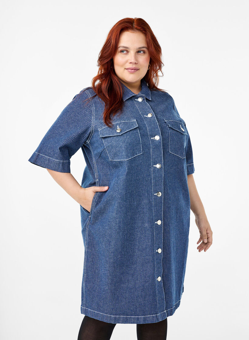 Pinstripe denim dress with chest pockets, Blue Denim Stripe, Model image number 0