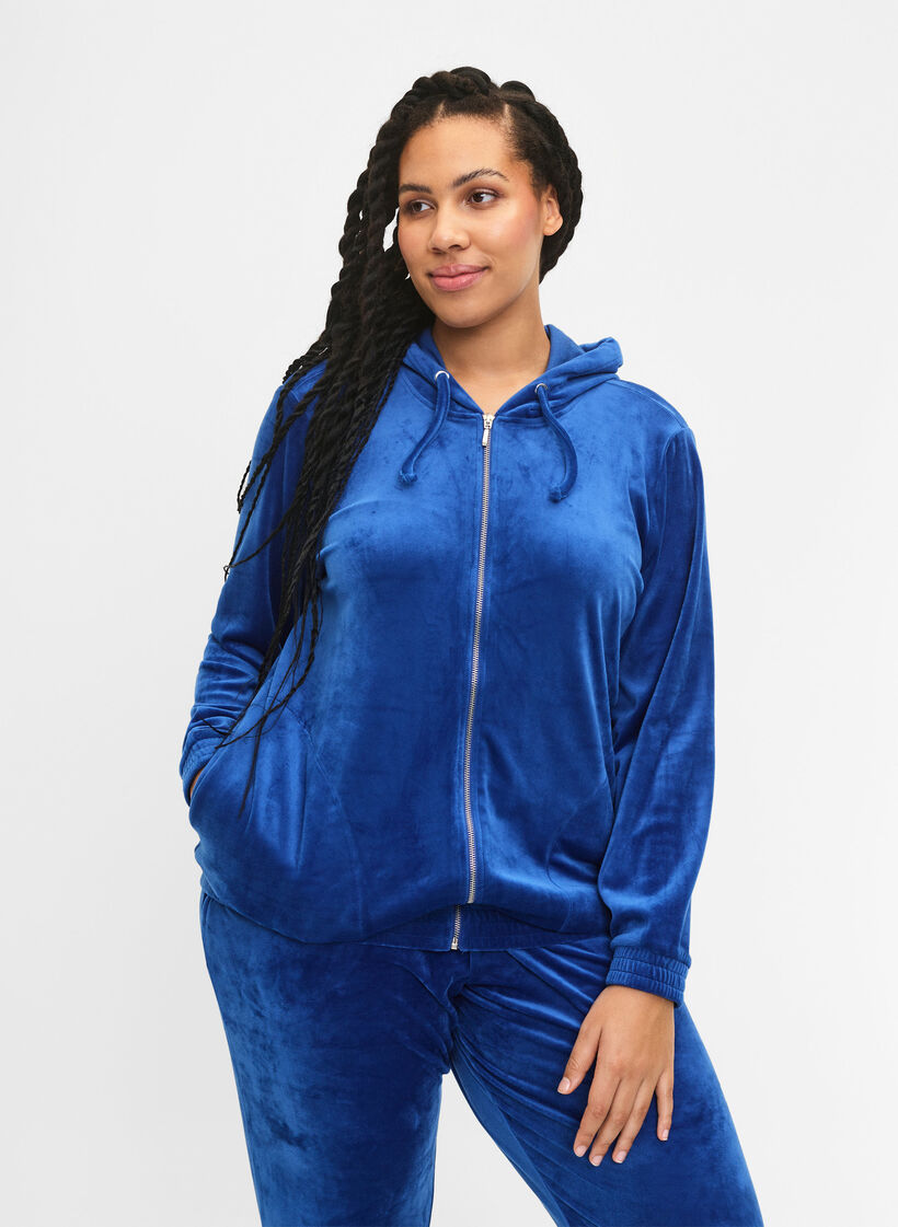 Velour cardigan with zipper and hood, Blue, Model image number 0