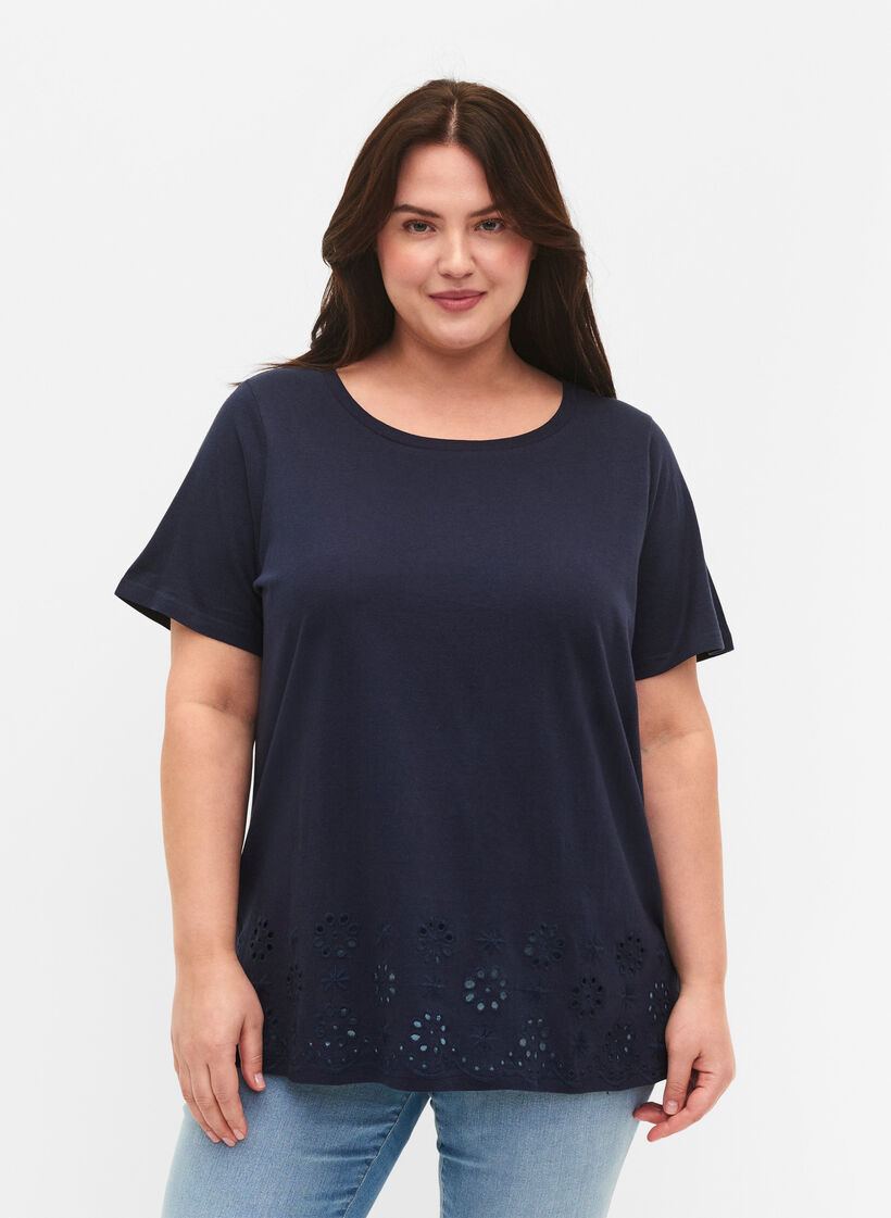 T-shirt in cotton with embroidery anglaise, Navy Blazer, Model image number 0