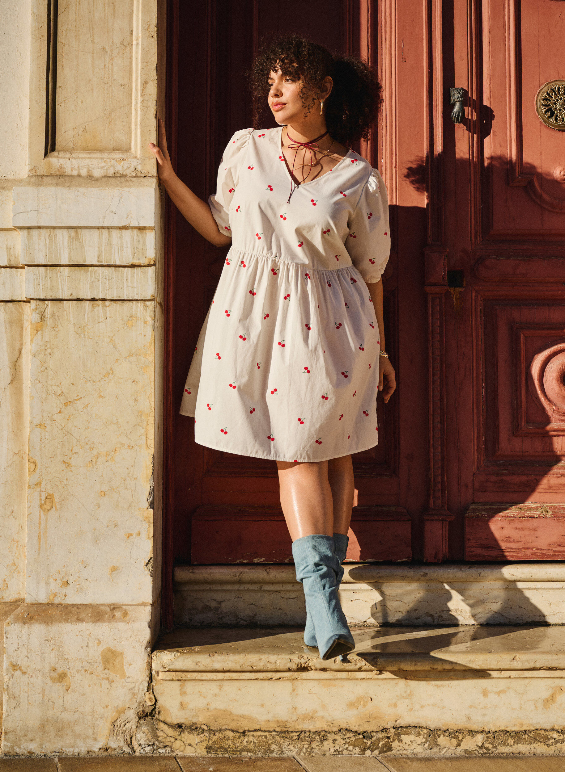 Zizzifashion Dress with cherry print and a-shape, B. White/Cherry, Image image number 0