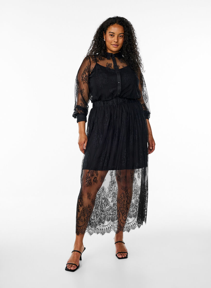 Transparent lace shirt with long sleeves, Black, Model image number 1