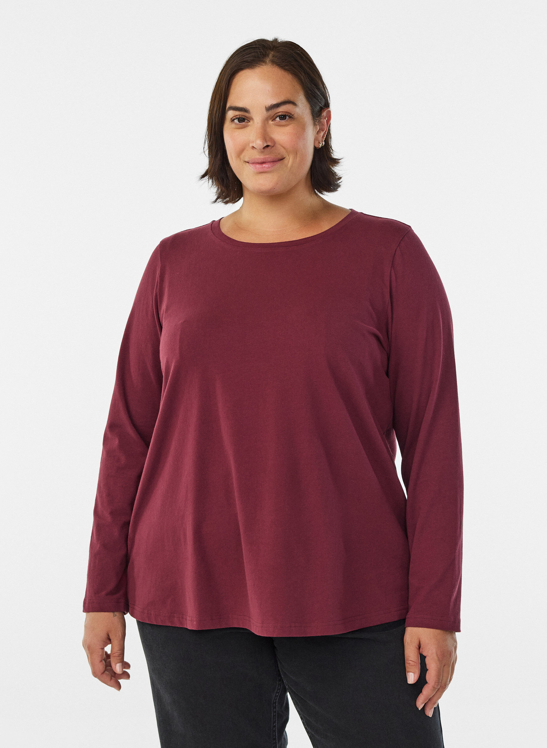 Basic jersey blouse with long sleeves, Dark Bordeaux, Model