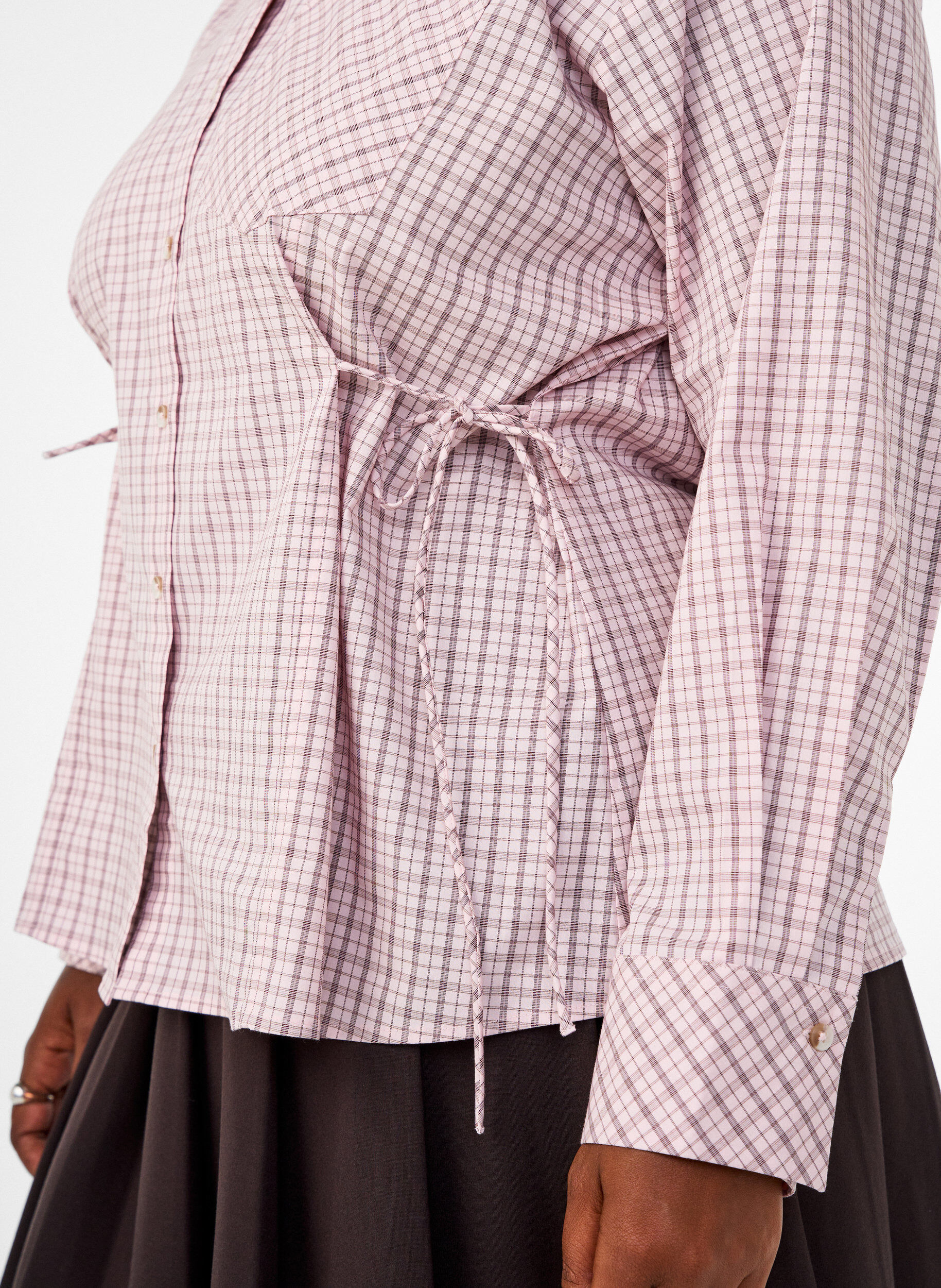 ZizzifashionLoose checked shirt with a tie-belt, Rose, Model image number 3