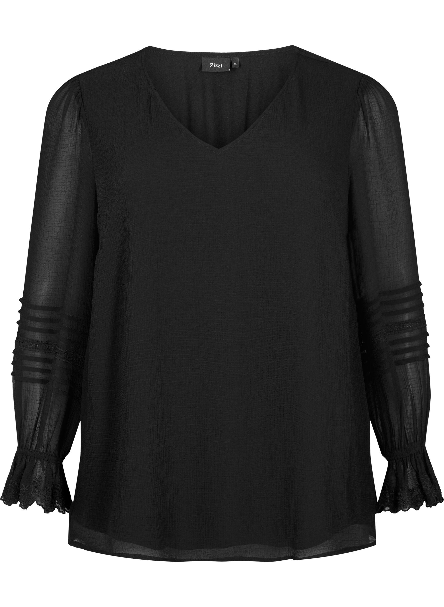 Zizzifashion V-neck blouse with ruffle sleeves, Black, Packshot image number 0