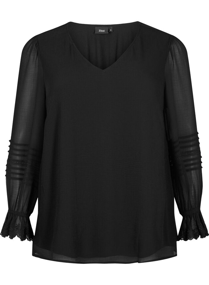 V-neck blouse with ruffle sleeves, Black, Packshot image number 0