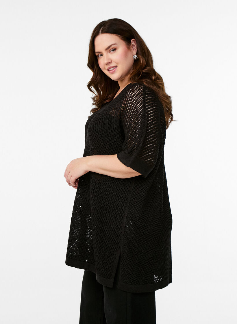 FLASH - Short-sleeved knitted blouse with v-neck, Black, Model image number 2