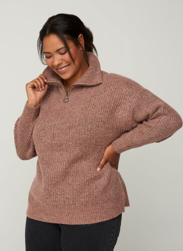 Marled knitted blouse with a zip and wool, Russet Mel, Model image number 0