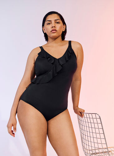 Swimsuit with v-neck and ruffles, Black, Image image number 0