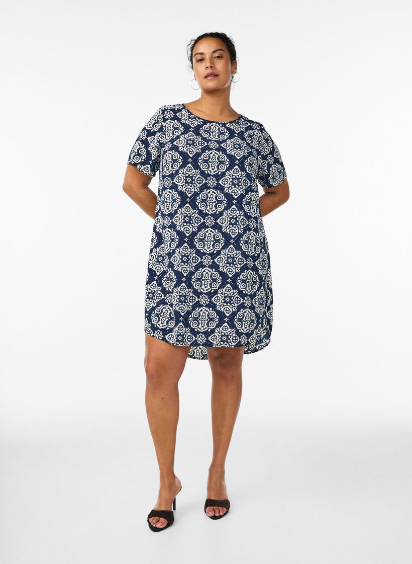 Dress with print and short sleeves, Blue, Model image number 1