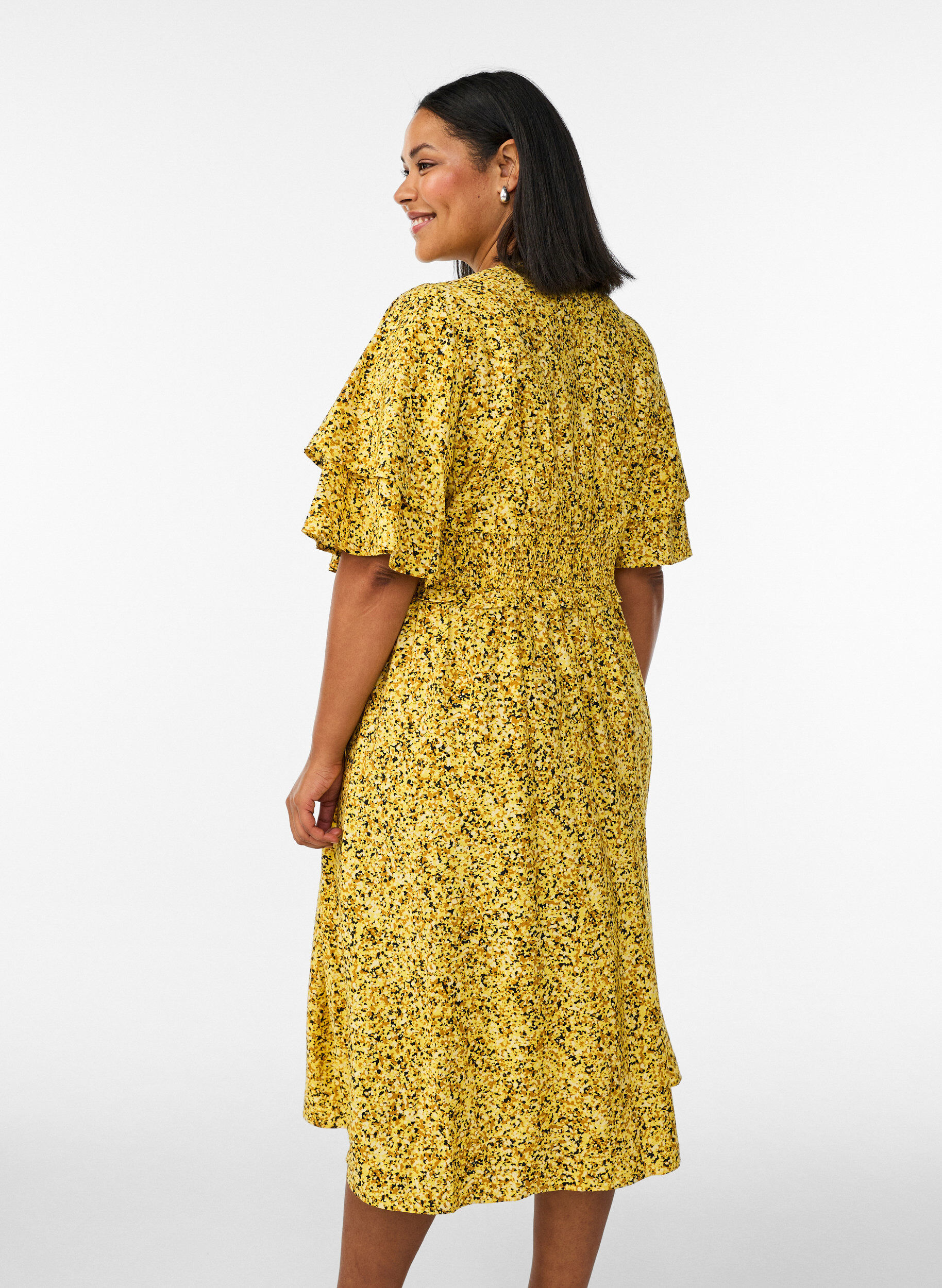 Zizzifashion Midi dress with smock and ruffle sleeves, Yellow, Model image number 2