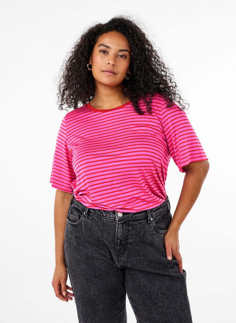 T-shirt with TENCEL™ Lyocell and stripes, Rose, Model image number 0