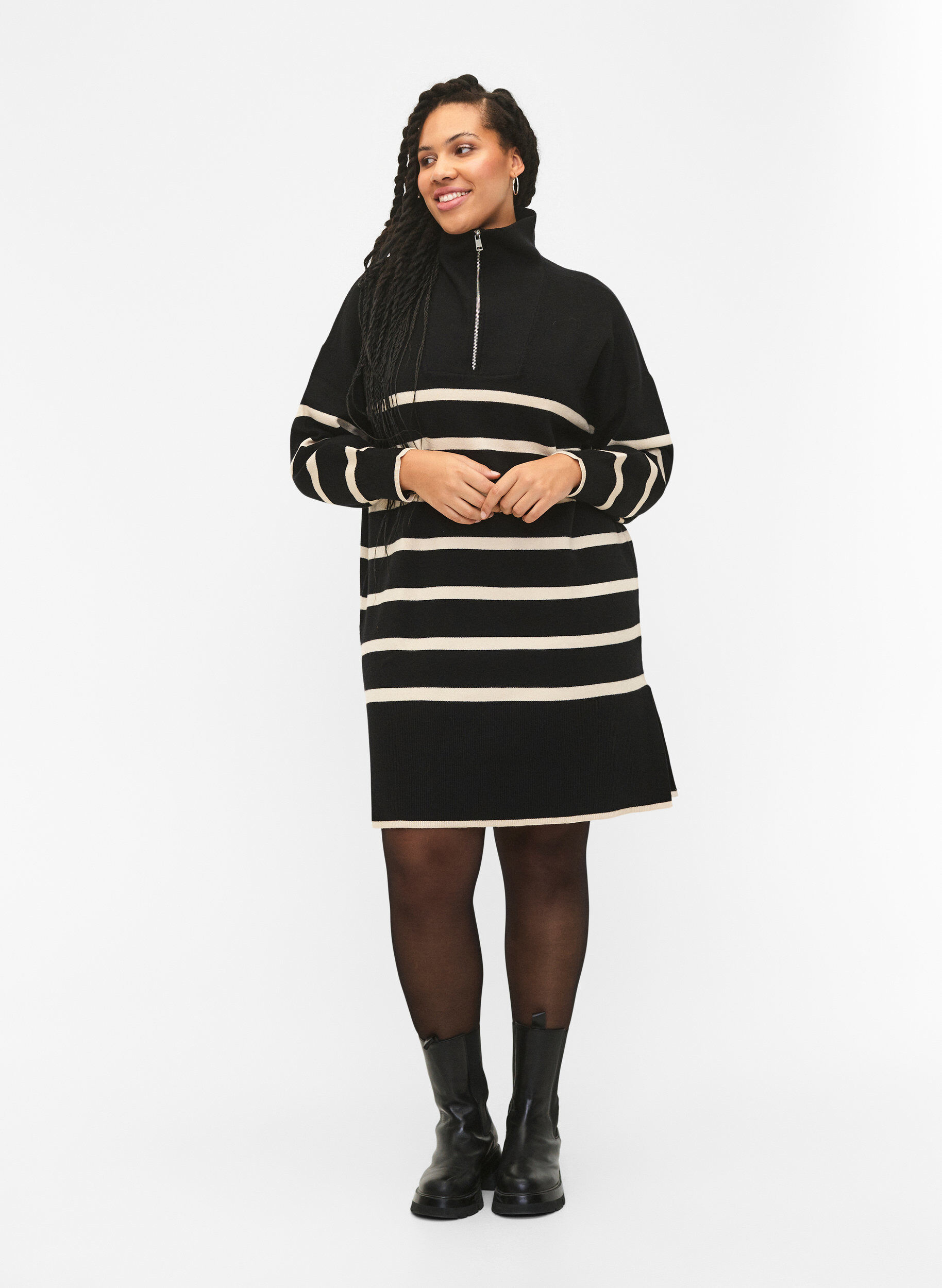 Zizzifashion Striped knit dress with high collar and zipper, Black w. Birch, Model image number 2
