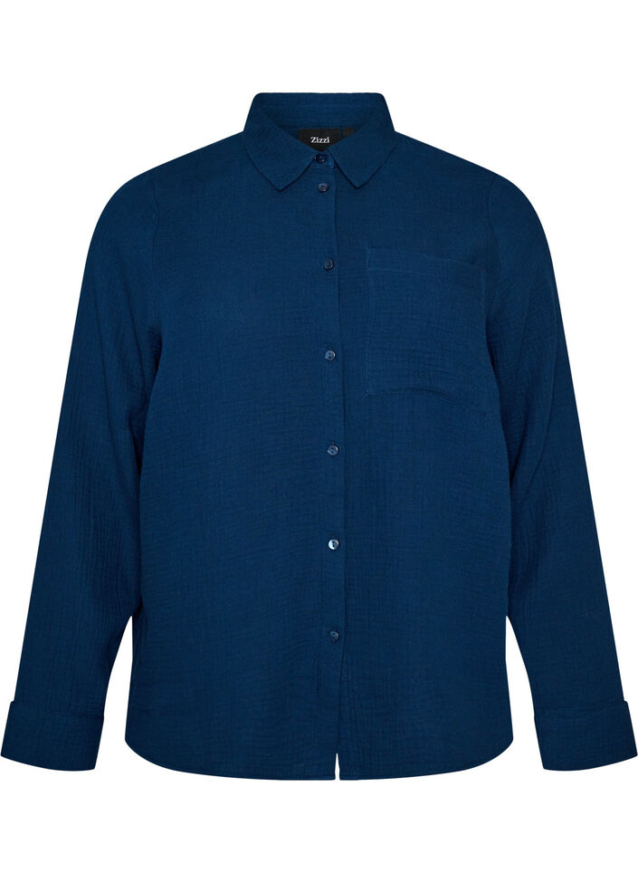 Cotton muslin nightshirt with long sleeves, Blue, Packshot image number 0