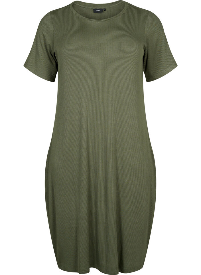 Viscose rib midi dress with short sleeves, Thyme, Packshot image number 0