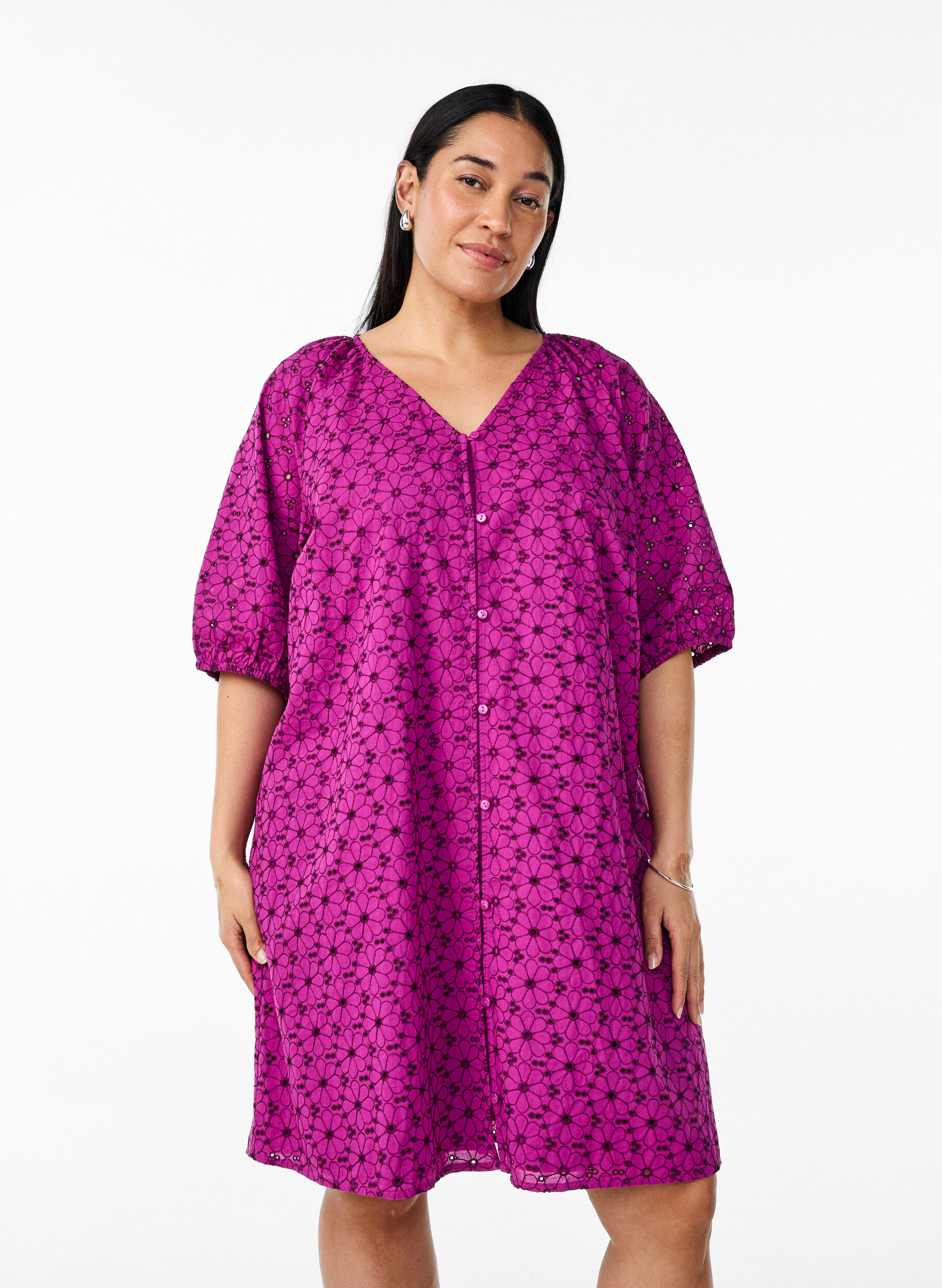 Zizzifashion Short dress with embroidered floral pattern, Purple, Model image number 0