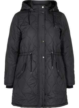 Quilted thermal jacket with fleece lining and detachable hood, Black, Packshot image number 0