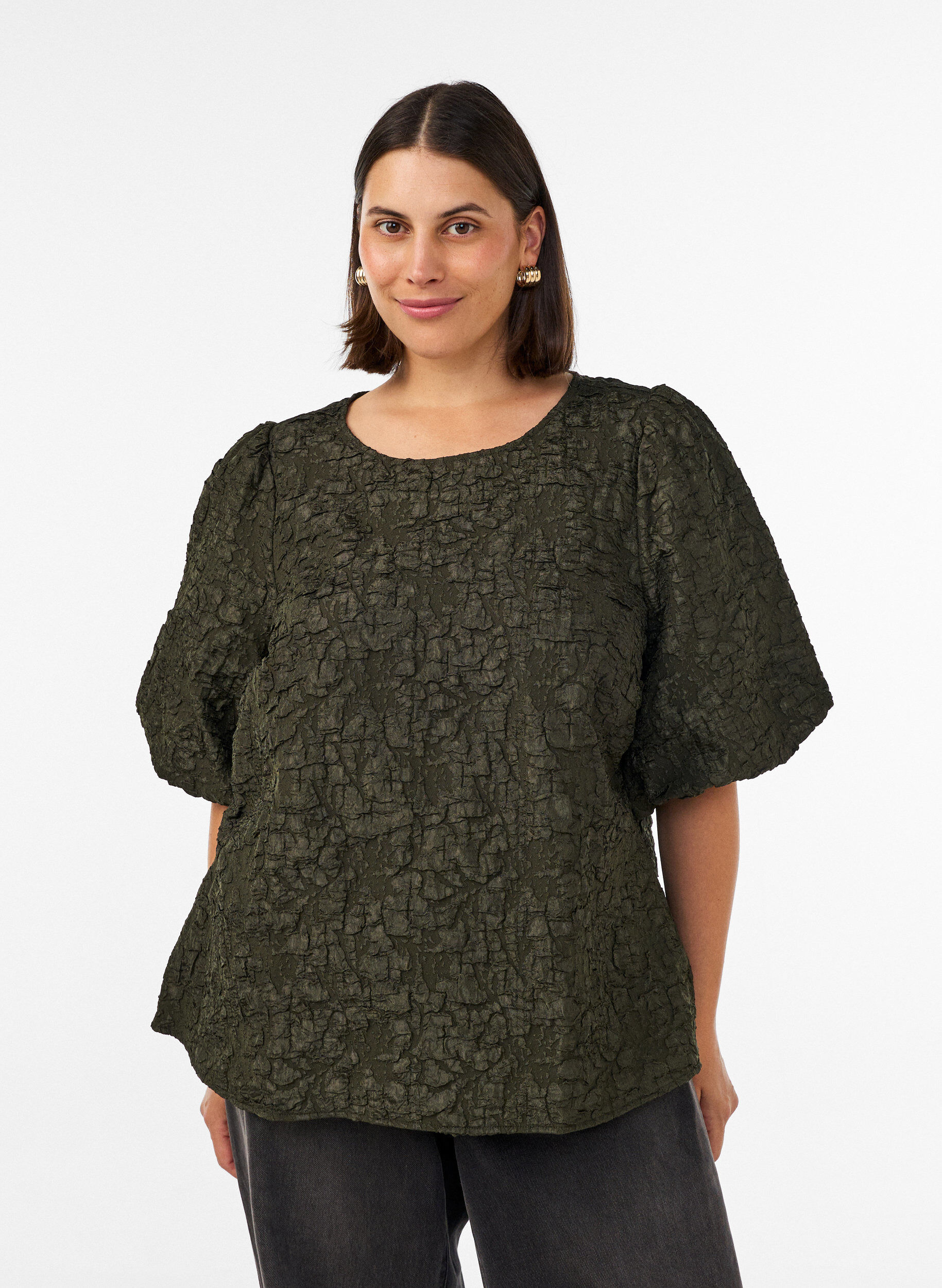 Jacquard blouse with puff sleeves and an A-line shape, Green, Model