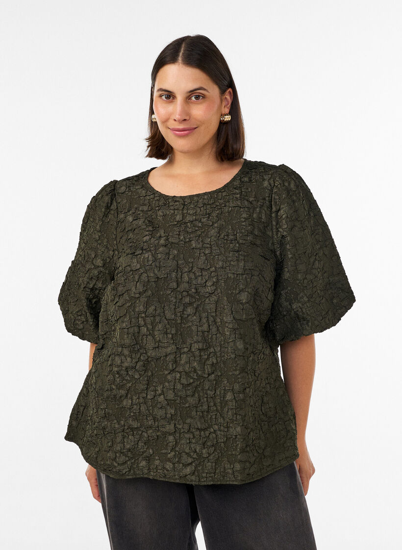 Jacquard blouse with puff sleeves and an A-line shape, Green, Model image number 0