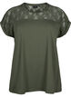 Short-sleeved cotton t-shirt with lace, Thyme, Packshot image number 0