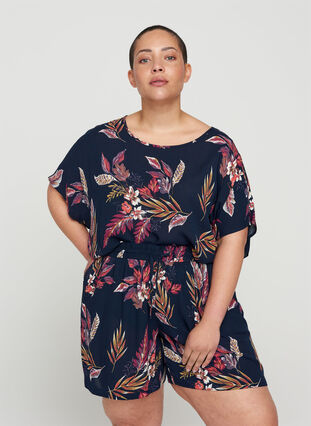 Short-sleeved viscose blouse with a floral print, Indian Summer Flower, Model image number 0