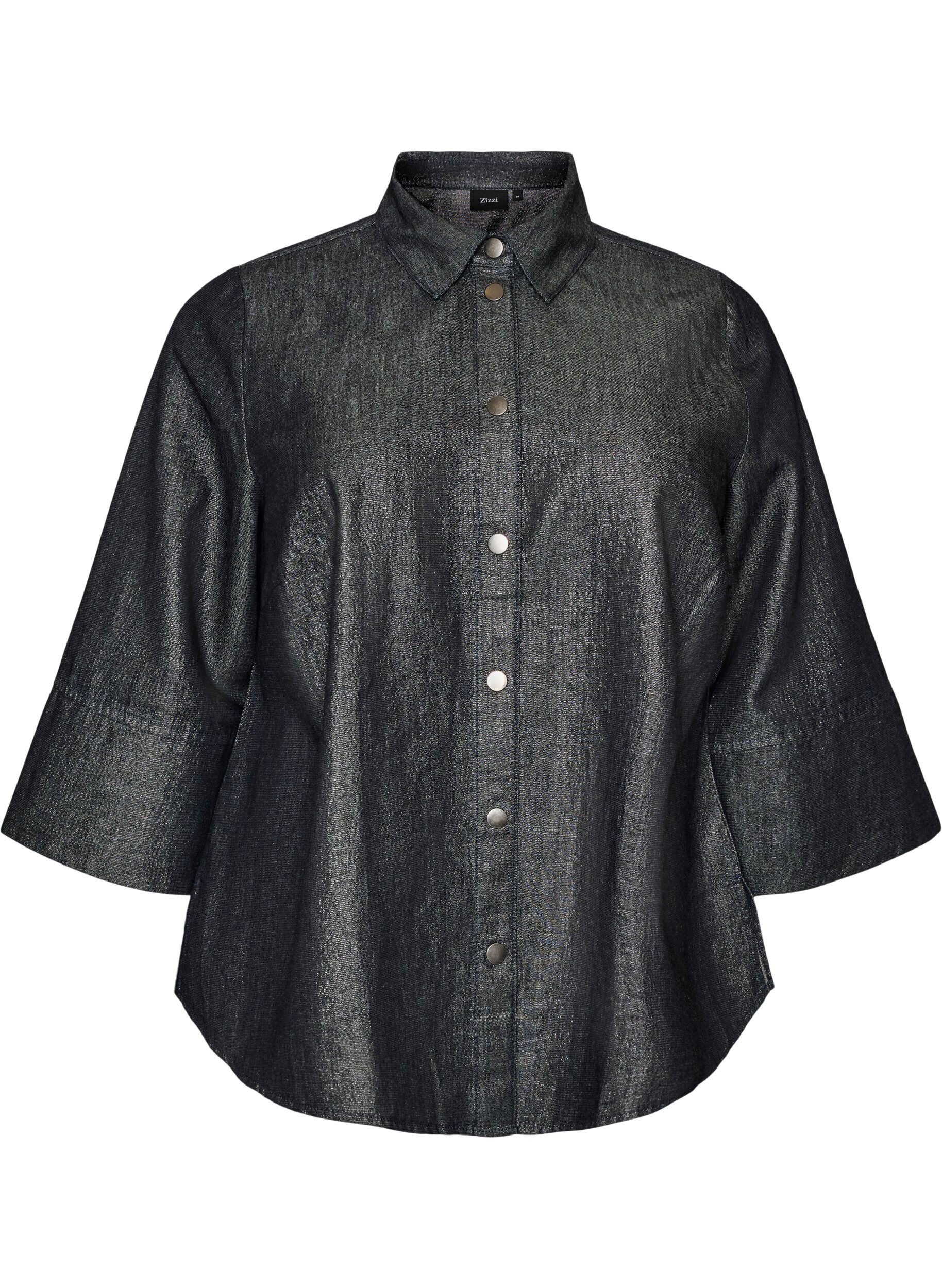 ZizzifashionDenim shirt with glitter thread and 3/4 sleeves, Dark Grey, Packshot image number 0