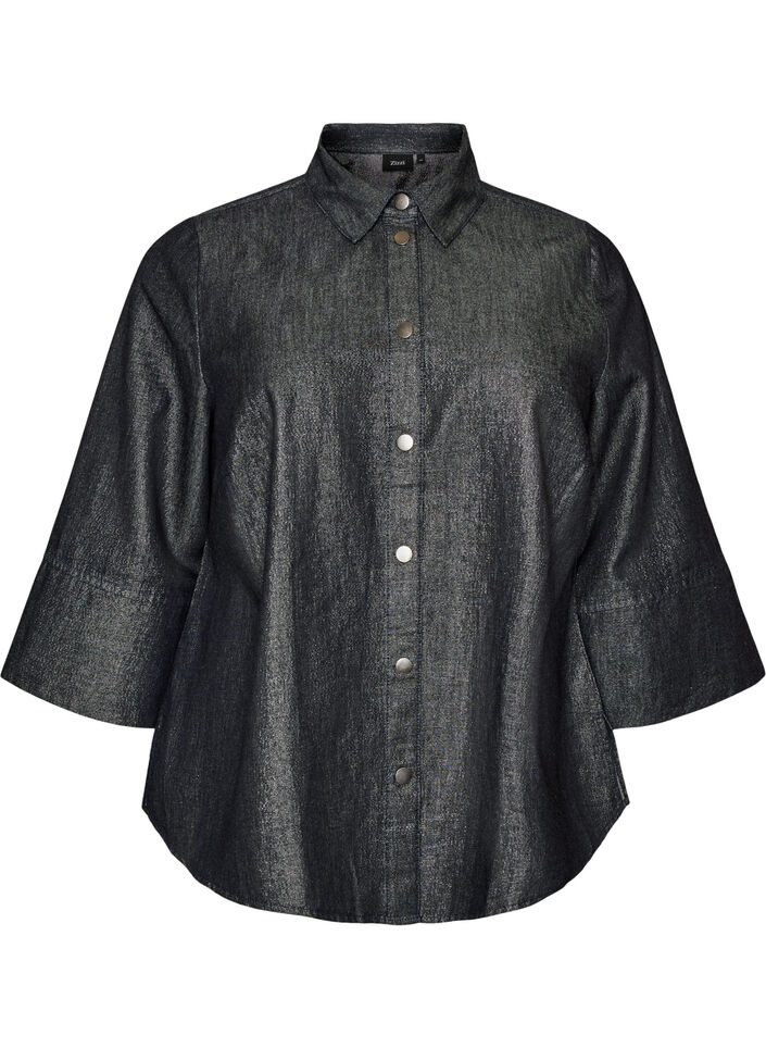 Denim shirt with glitter thread and 3/4 sleeves, Dark Grey, Packshot image number 0