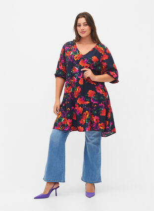 Viscose tunic with A-line cut, D. Blue Flower AOP, Model image number 2