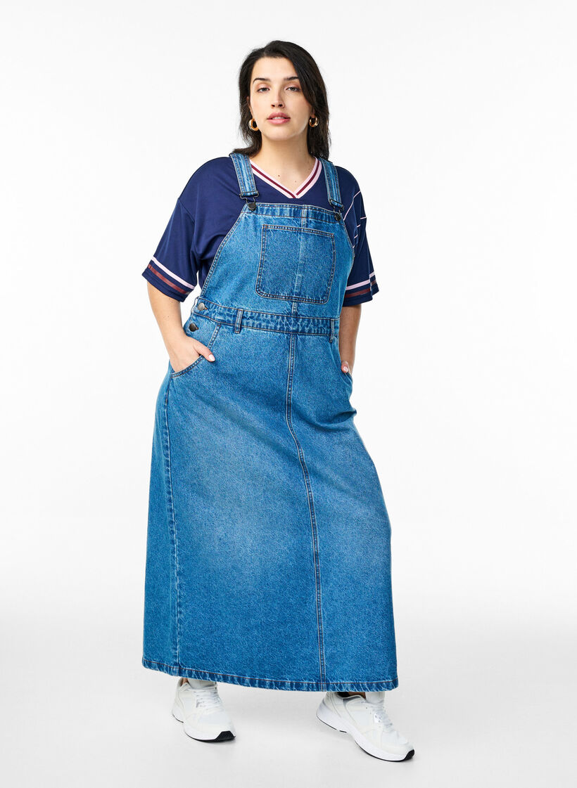 Midi denim overall dress, Blue, Model image number 0