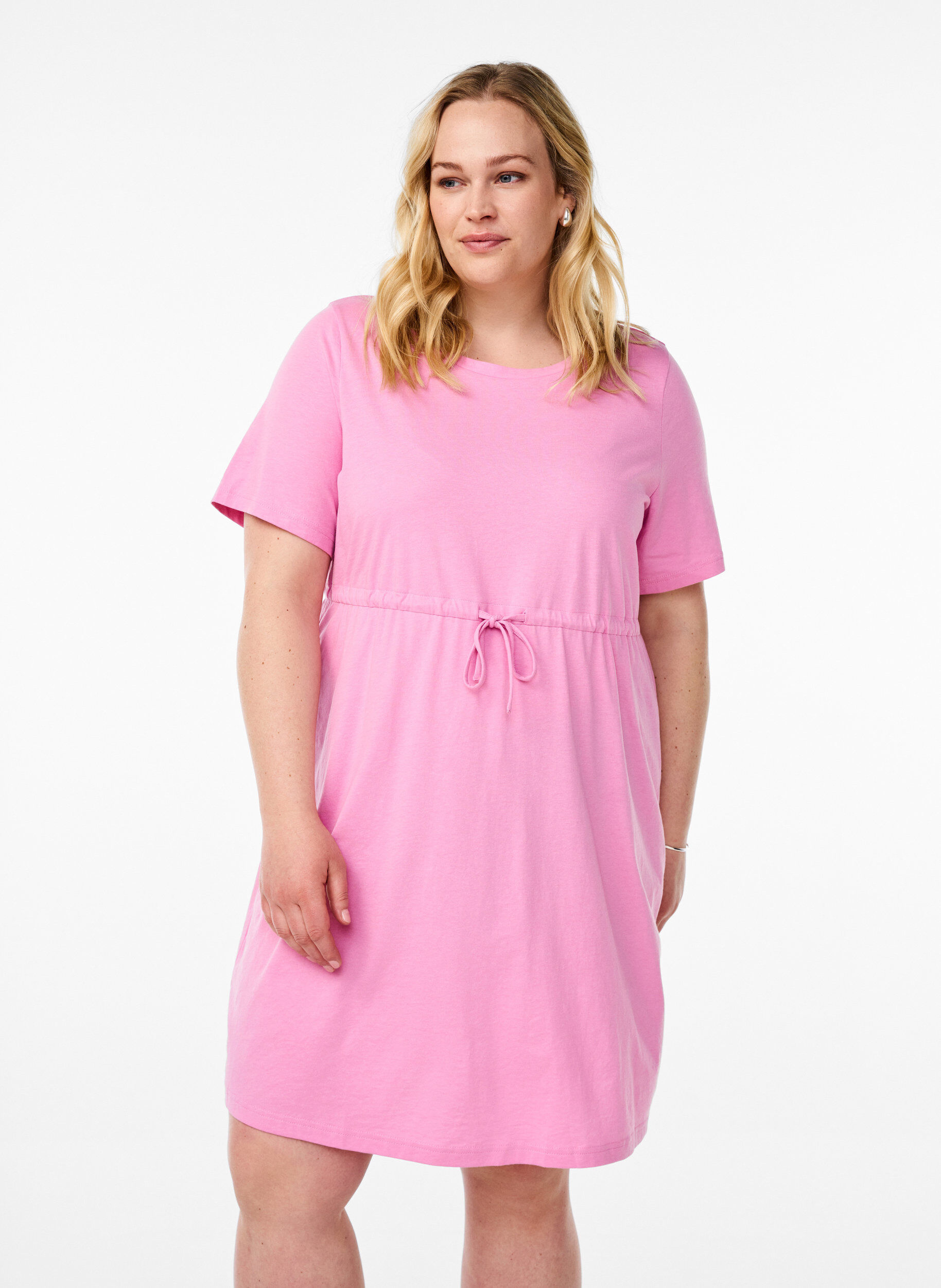 Zizzifashion FLASH - Short T-shirt dress with tie belt, Pink, Model image number 0