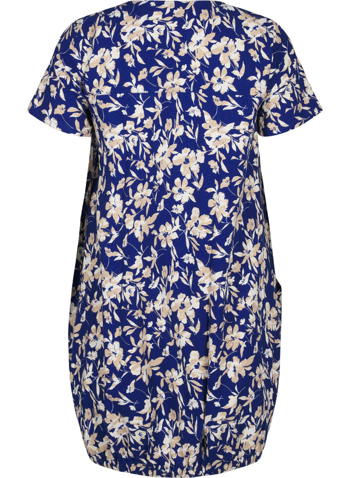 Short-sleeved cotton dress with floral print, Blue, Packshot image number 1