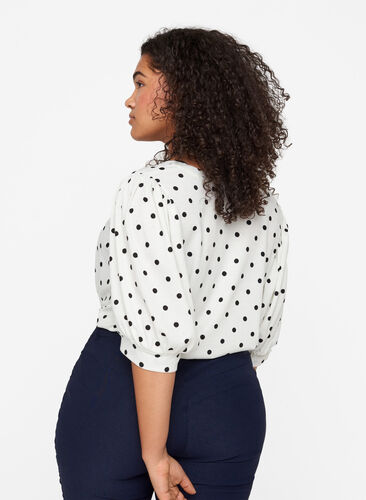 Dotted t-shirt with puff sleeves, White w. Black Dots, Model image number 1