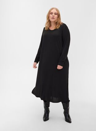 Plain dress with long sleeves and slit, Black, Model image number 2