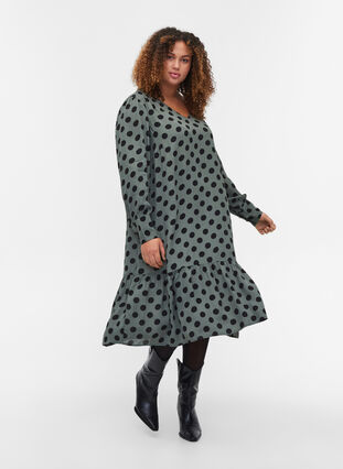 Polka dotted viscose dress with long sleeves and v-neck, Thyme Dot, Model image number 2