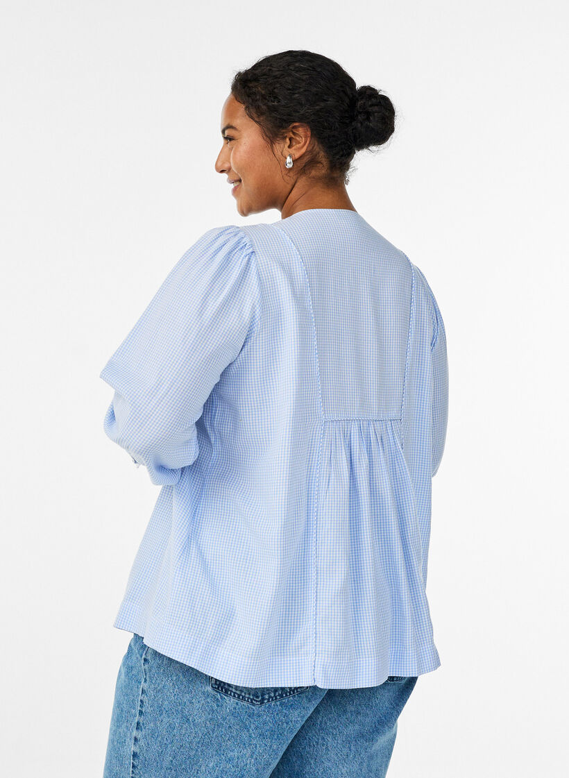 A-line check blouse, Blue, Model image number 2