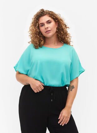 Blouse with short sleeves and a round neckline, Turquoise, Model image number 0