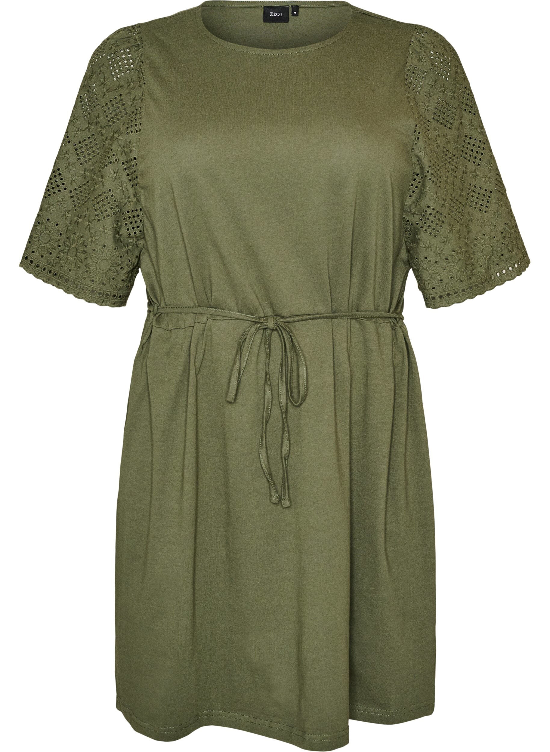 Zizzifashion Cotton dress with broderie anglaise sleeves and a tie-waist, Green, Packshot image number 0
