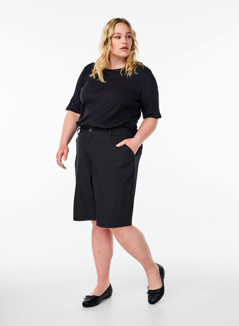Ribbed jersey blouse with short sleeves, Black, Model image number 1