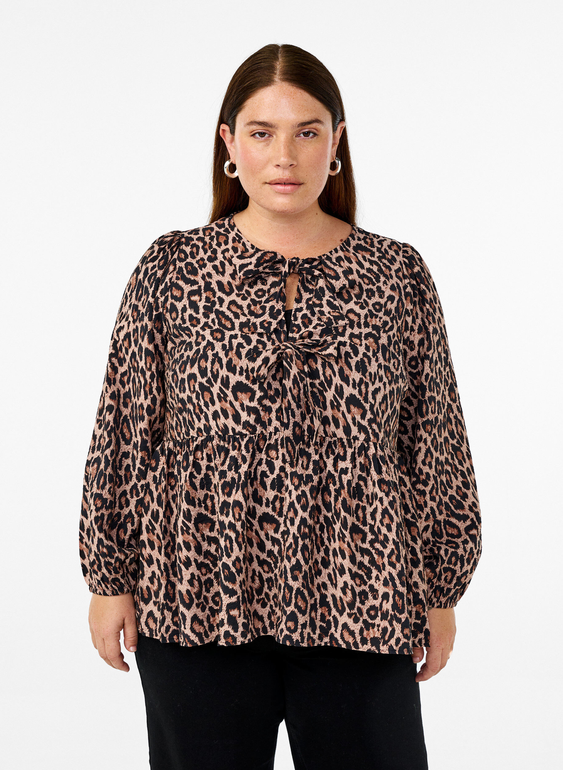 Zizzifashion Peplum blouse with tie and leopard print, Brown, Model image number 0