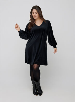 Velour dress with long puff sleeves, Black, Model image number 2
