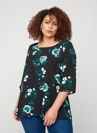 Printed blouse with lace back and 3/4-length sleeves, Black/Flower Dot, Model image number 0