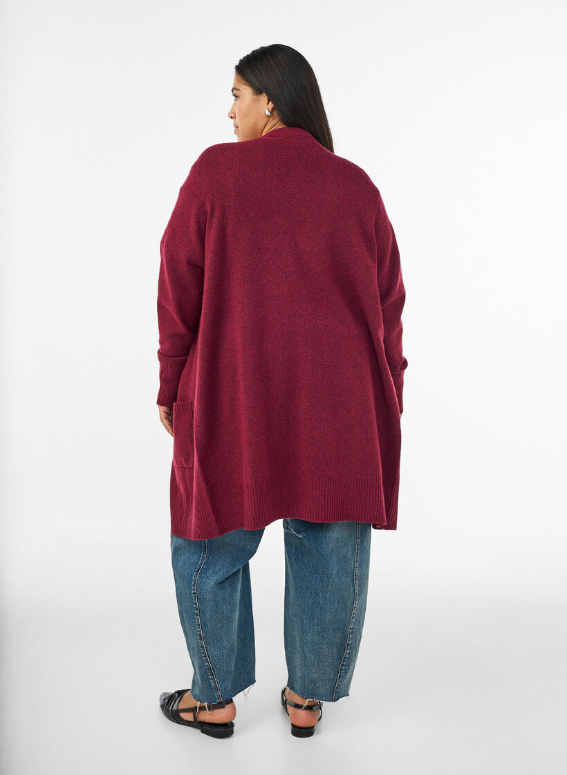 Ribbed Knit Cardigan with Pockets, Red, Model image number 2