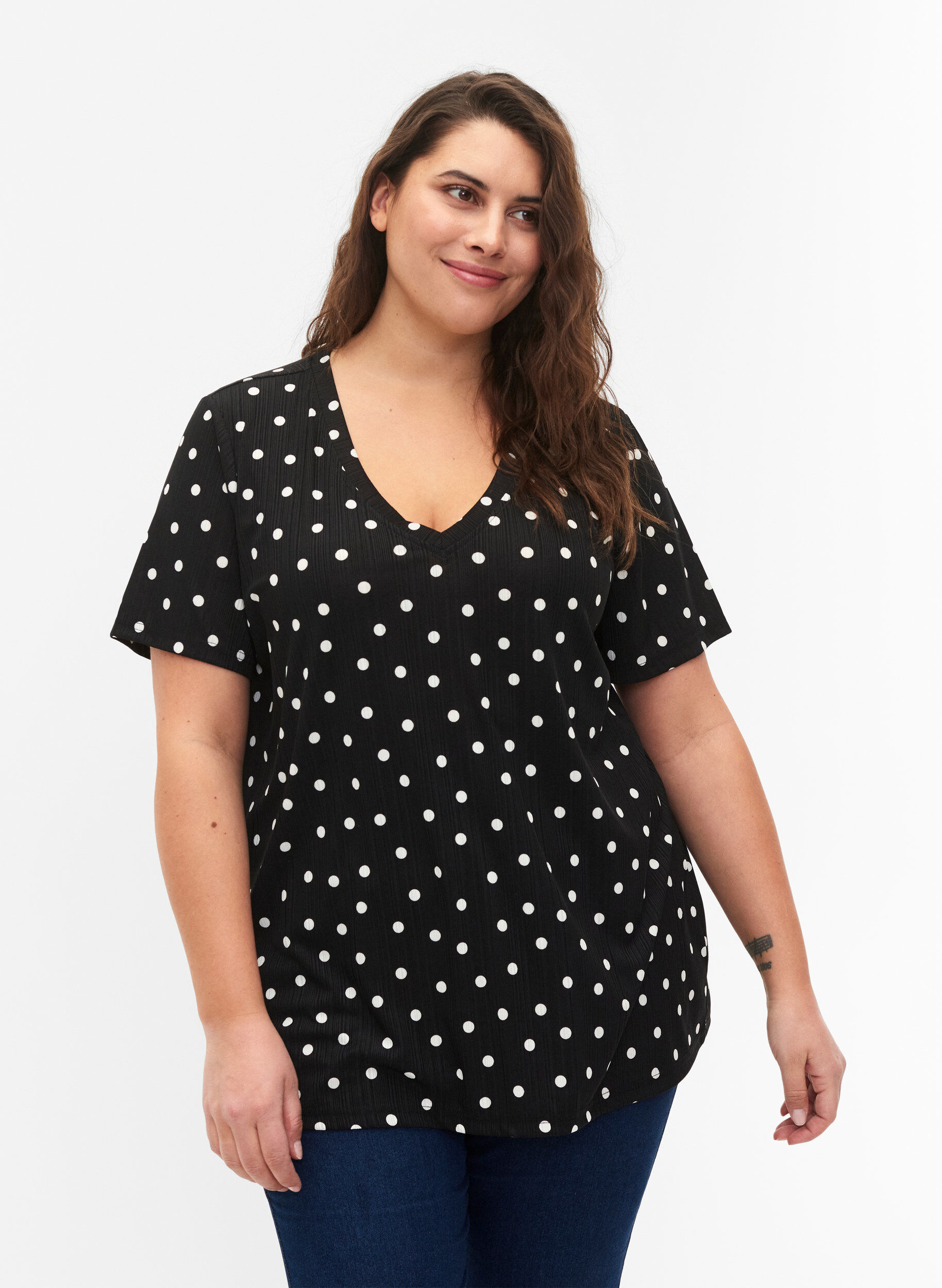 Zizzifashion FLASH - Printed t-shirt with v-neck, Black Dot, Model image number 0