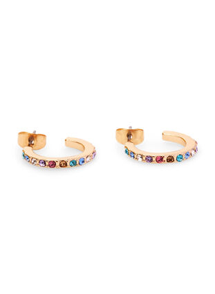 Creole earrings with coloured rhinestones, Gold, Packshot image number 2